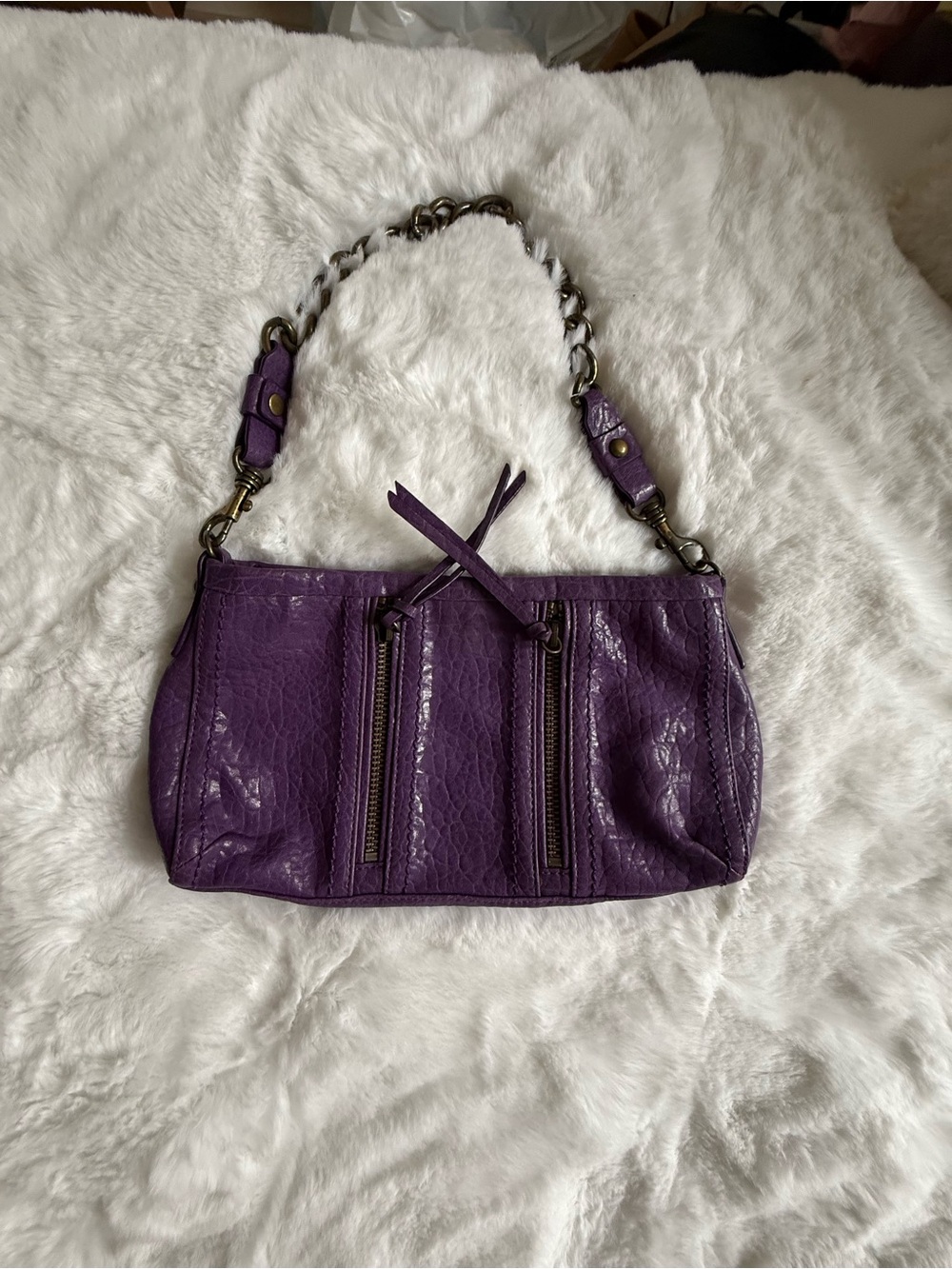 Korto Momolu Purple Leather Shoulder Bag Y2K Chain Strap Zip Detail Purse - Picture 3 of 8